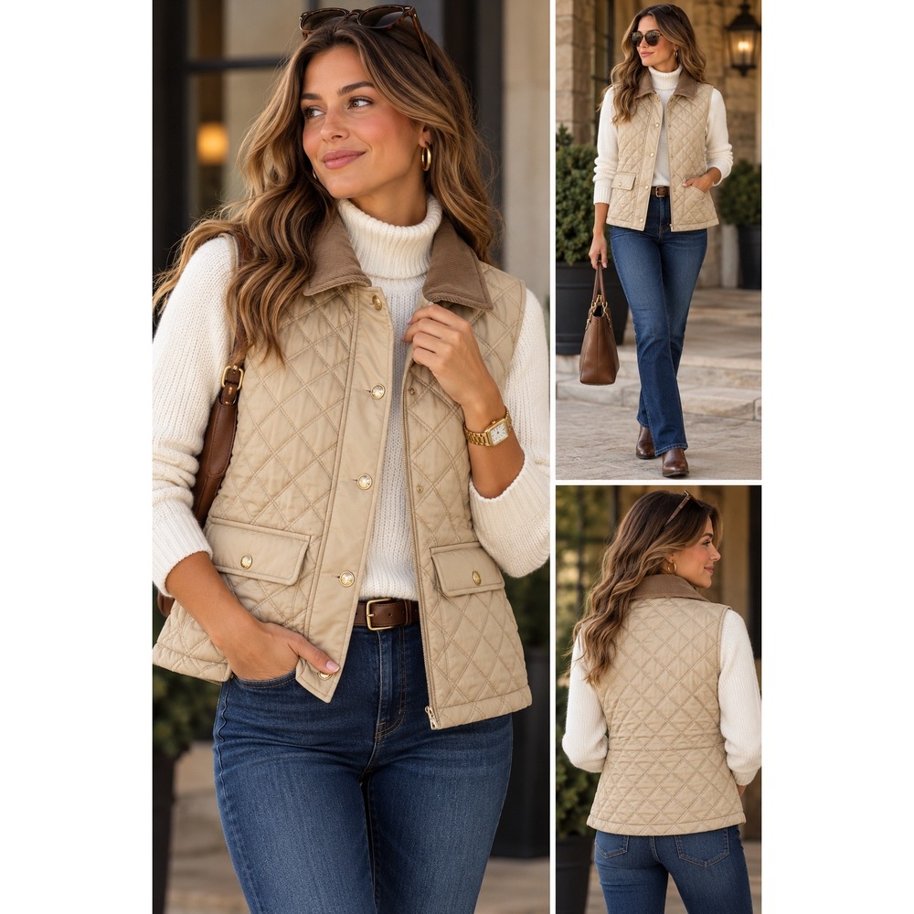 J.Crew Signature Puffer Vest XS Tan Quilted Corduroy Collar PrimaLoft Gold Snaps